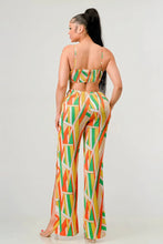 Load image into Gallery viewer, Luxe geo print satin bra top and palazzo jumpsuit
