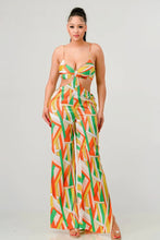 Load image into Gallery viewer, Luxe geo print satin bra top and palazzo jumpsuit
