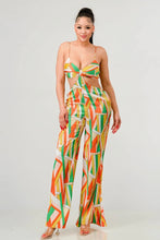 Load image into Gallery viewer, Luxe geo print satin bra top and palazzo jumpsuit
