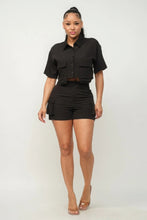 Load image into Gallery viewer, Front Button Down Side Pockets Top And Shorts Set
