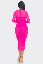 Load image into Gallery viewer, Solid Mesh Ruched Midi Dress
