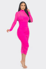 Load image into Gallery viewer, Solid Mesh Ruched Midi Dress
