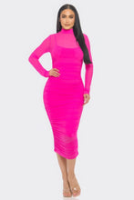 Load image into Gallery viewer, Solid Mesh Ruched Midi Dress
