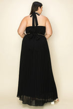 Load image into Gallery viewer, Chiffon Pleated Gold Trim Neck &amp; Belt Cut Out Chest Maxi Dress
