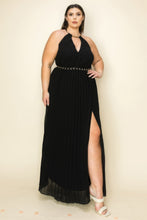 Load image into Gallery viewer, Chiffon Pleated Gold Trim Neck &amp; Belt Cut Out Chest Maxi Dress
