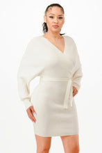 Load image into Gallery viewer, Off Shoulder Wrap Belted Ribbed Sweather Dress
