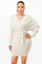 Load image into Gallery viewer, Off Shoulder Wrap Belted Ribbed Sweather Dress
