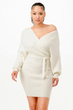 Load image into Gallery viewer, Off Shoulder Wrap Belted Ribbed Sweather Dress
