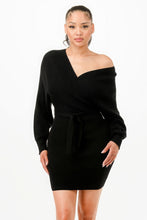 Load image into Gallery viewer, Off Shoulder Wrap Belted Ribbed Sweather Dress
