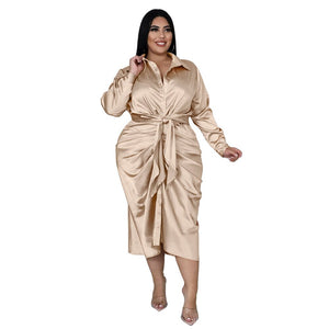 Women's Plus Size Dresses Women Solid Long Sleeve Bandage Draped Pleaped Sleeve Button Dress Office Lady  Wholesale Dropshipping