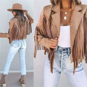 Adogirl Faux Suede Tassel Jacket Women Vintage Lapel Long Sleeve Fringed Short Hippie Motor Biker Cardigan Autumn Winter Outwear