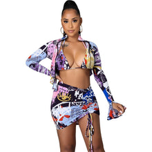 Load image into Gallery viewer, Echoine 4 pcs Summer Swimwear Bikini Set Women Sexy Print Bodycon Long Flare Sleeve Short Jacket Mini Skirt Beach Swimsuit
