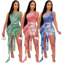 Load image into Gallery viewer, Sexy Sheer Mesh Tie Dye Print Lace Up Mini Dress Sleeveless Bodycon Short Vestidos Night Club Wear Fashion See Through Robes2021
