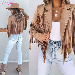 Adogirl Faux Suede Tassel Jacket Women Vintage Lapel Long Sleeve Fringed Short Hippie Motor Biker Cardigan Autumn Winter Outwear