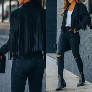 Adogirl Faux Suede Tassel Jacket Women Vintage Lapel Long Sleeve Fringed Short Hippie Motor Biker Cardigan Autumn Winter Outwear