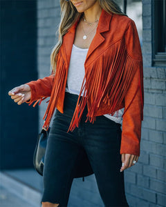 Adogirl Faux Suede Tassel Jacket Women Vintage Lapel Long Sleeve Fringed Short Hippie Motor Biker Cardigan Autumn Winter Outwear