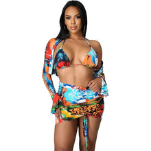 Load image into Gallery viewer, Echoine 4 pcs Summer Swimwear Bikini Set Women Sexy Print Bodycon Long Flare Sleeve Short Jacket Mini Skirt Beach Swimsuit
