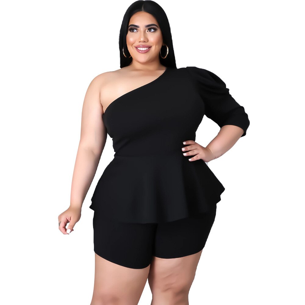 Women Clothing 3xl 4xl Plus Size Shorts Sets Wholesale Two Piece Set Sexy  One Shoulder Solid Office Lady Elegant Dropshipping