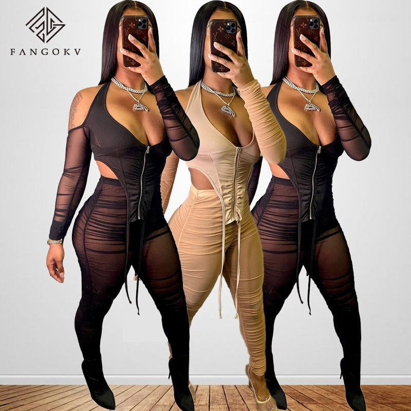 2021 Fall Clothes Matching Set Mesh See Through Party Women