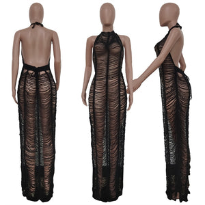 Adogirl Women Knitted Maxi Beach Dress 2022 Summer Sexy See Through Lace Halter Backless Long Robe Swimsuit Cover Ups Outfits