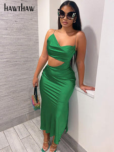 Hawthaw Women Elegant Party Club Evening Birthday Hollow Out Bodycon Stain Green Long Dress 2022 Summer Clothes Streetwear