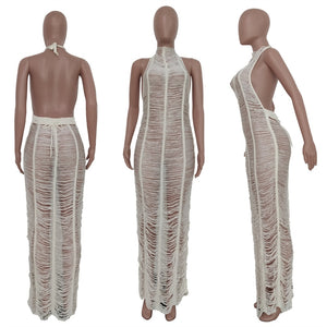 Adogirl Women Knitted Maxi Beach Dress 2022 Summer Sexy See Through Lace Halter Backless Long Robe Swimsuit Cover Ups Outfits